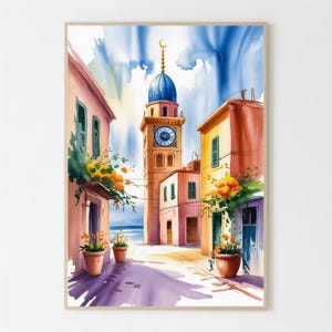 May include: Watercolor painting of a European street scene with a clock tower. The buildings are painted in shades of peach, yellow, and orange. The clock tower has a blue dome and a clock face. Potted flowers line the street.