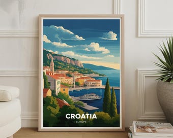 May include: A framed art print featuring a coastal scene of Croatia. The artwork depicts buildings with red tile roofs, a harbor with boats, and a mountain range under a blue sky with fluffy clouds. The word "CROATIA" is displayed.