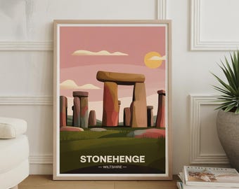 Póster del atardecer en Stonehenge: arte emblemático británico, decoración de viajes a Inglaterra, arte mural paisajístico, regalo de aventura