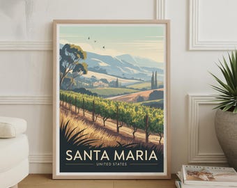 Póster de viaje vintage de Santa María: Lámina artística con mapa de viñedos de California
