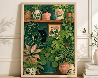 Botanical Cat Print, Black Cat Houseplant Poster, Feline Decor, Tropical Wall Art