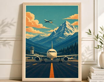 Póster de aviación vintage: Avión comercial en aeropuerto de montaña, impresión de arte vectorial (descarga digital)