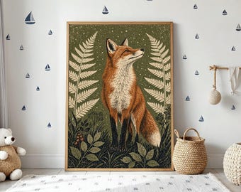Könnte beinhalten: Ein gerahmter Kunstdruck mit einer detaillierten Illustration eines Fuchses mit rotbraunem Fell, vor einem grünen Hintergrund mit Farnen und Blättern. Der Fuchs blickt nach oben. Das Kunstwerk ist in einem Holzrahmen.