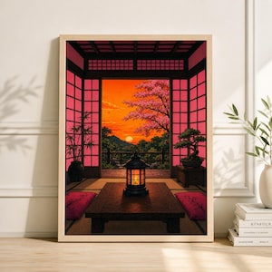 May include: A framed print of a Japanese-style interior with a view of a sunset. The room features red-toned walls, a dark wooden table, and a lit lantern. A bonsai tree and bamboo plants are visible.