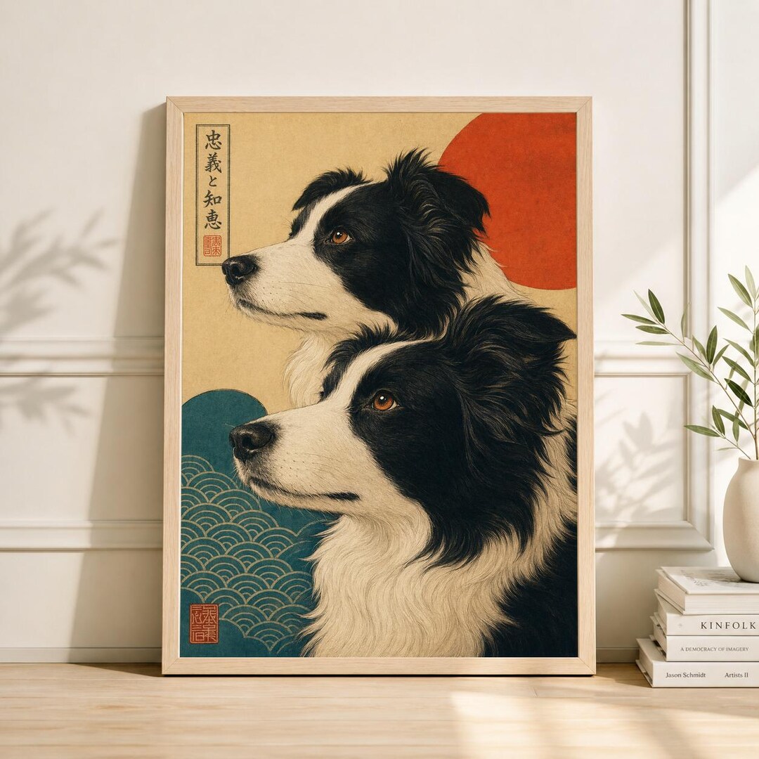 Japanese Style Border Collie Print, Etched Fur Dog Illustration
