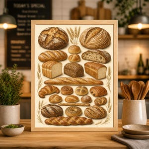 May include: A framed print featuring a variety of baked goods, including loaves of bread, rolls, croissants, and a baguette. The image showcases different textures and colors of bread, with a neutral background and a wooden frame.