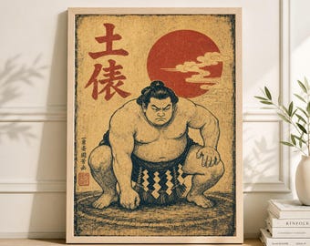 Sumo Wrestler Poster, Red Sun Japanese Woodblock Style Paper Wall Art