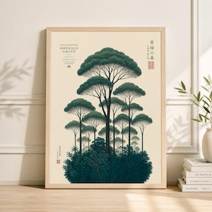 Peut inclure: Une affiche encadrée représentant une forêt stylisée. L'œuvre présente des arbres aux cimes arrondies vert foncé et un sous-bois dense vert foncé. Le texte "EMERALD GROVE" est visible. L'affiche est dans un cadre en bois.