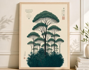 Lámina artística de pino japonés, paisaje moderno de mediados de siglo.