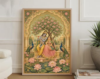 Cartel de arte Krishna Radha Pichwai, impresión tradicional del templo hindú, arte mural devocional indio