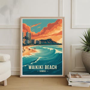 May include: Framed art print of Waikiki Beach in Hawaii. The artwork features a stylized illustration of a beach scene with turquoise waves, a sandy shore, and a vibrant sunset. The text "WAIKIKI BEACH - HAWAII -" is displayed at the bottom.