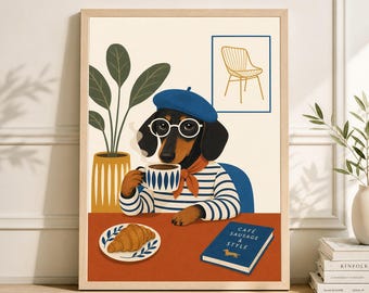 Póster de café con perro salchicha, lámina artística de perro salchicha estilo mediados de siglo