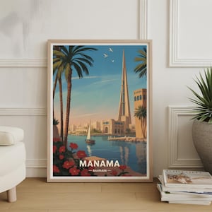 May include: Framed art print featuring a scenic view of Manama, Bahrain. The artwork depicts a tall, modern building with a spire, palm trees, a sailboat, and red flowers. The text "MANAMA - BAHRAIN" is displayed at the bottom.