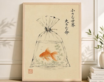 Japanese Goldfish Art Print, Sumi-e Watercolor, Vintage Zen Home Decor