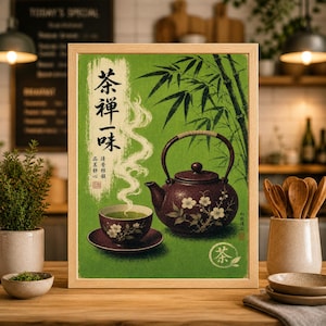 Vintage japansk teaffisch, tryck med jadegrön tekanna, väggdekoration Wabi Sabi
