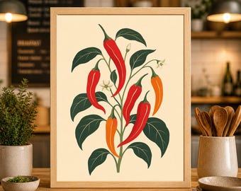 Póster de papel con estampado de chile rojo, arte botánico popular.