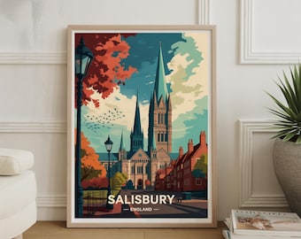 Poster con paesaggio urbano di Salisbury, Inghilterra: stampa artistica di viaggio vintage