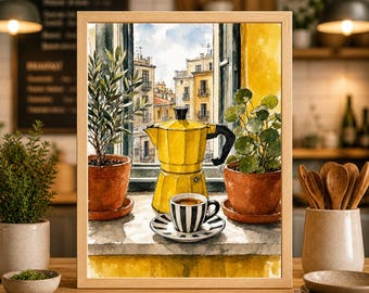 Italian Espresso Maker Art Print, Yellow Moka Pot Kitchen Cafe Decor