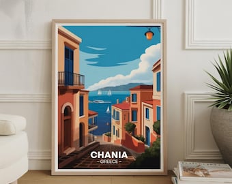 Póster de viaje a La Canea, Grecia: arte mural costero artístico, decoración mediterránea