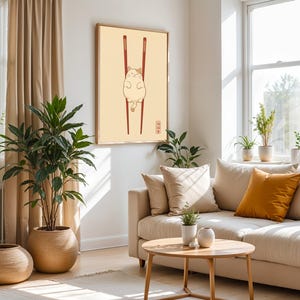 Lámina artística de gato japonés, decoración de pared minimalista zen, póster de palillos con gato imagen 2