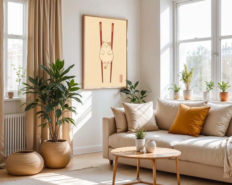 Lámina artística de gato japonés, decoración de pared minimalista zen, póster de palillos con gato imagen 2