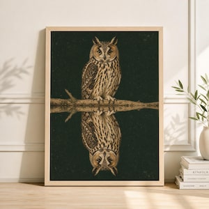 Green Owl Reflection Poster, Vintage Woodcut Print, Natural History Paper Wall Art