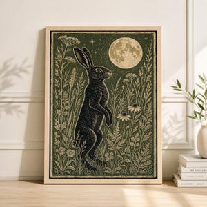 Hare in Moonlit Meadow Poster, Japanese Woodblock Art Print, Linocut Woodland Wall Decor image 1