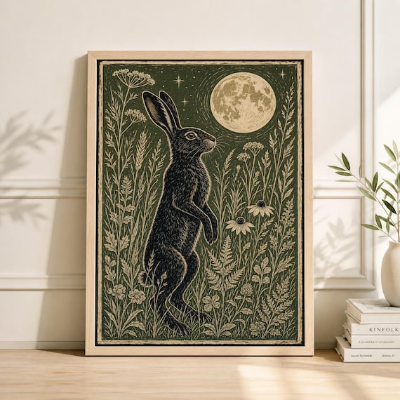 Hare in Moonlit Meadow Poster, Japanese Woodblock Art Print, Linocut Woodland Wall Decor