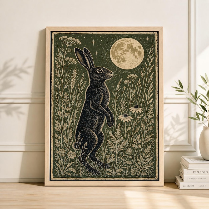 Hare in Moonlit Meadow Poster, Japanese Woodblock Art Print, Linocut Woodland Wall Decor image 1