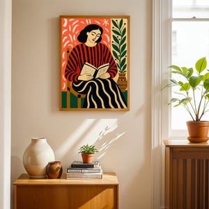 Woman Reading Book Art Print, 70s Retro Poster, Expressionist Figurative Wall Decor image 8
