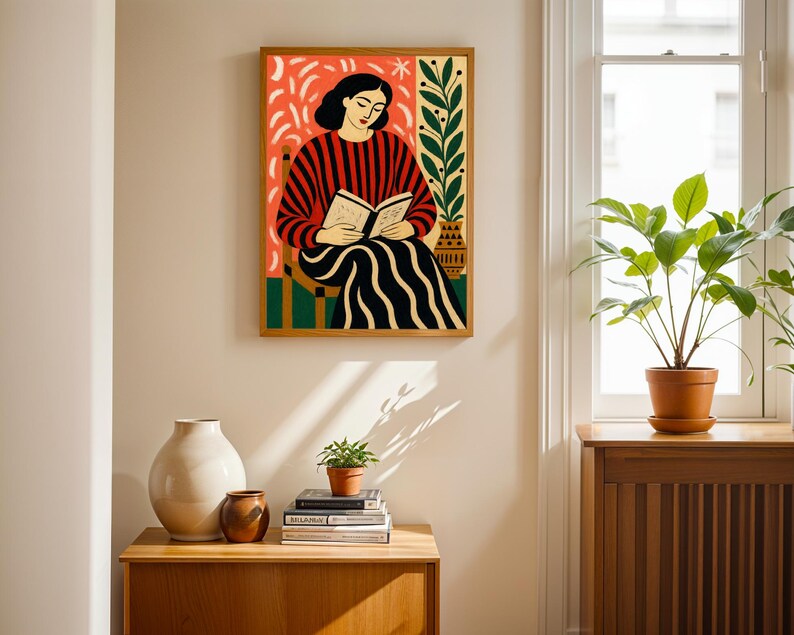 Woman Reading Book Art Print, 70s Retro Poster, Expressionist Figurative Wall Decor image 8