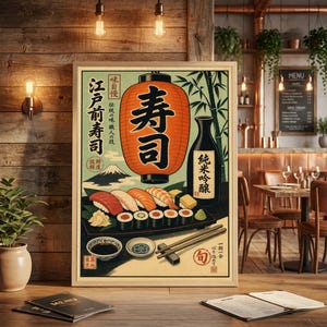 日本の寿司ポスター、グリーンランタンのイラスト、アジア料理レストランのキッチン壁アート