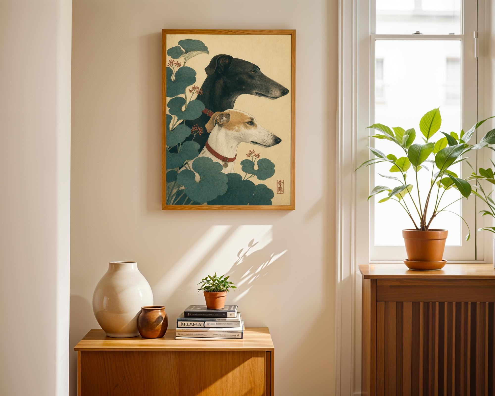 Greyhound Dog Poster, Botanical Sighthound Portrait, Japanese
