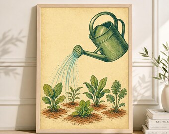 Watering Plants Poster, Minimal Garden Illustration, Vintage Folk Style Botanical Print