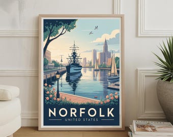 ヴィンテージ ノーフォーク アメリカ旅行ポスター – 海岸の壁アート、航海装飾