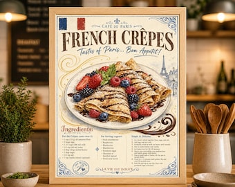 Póster de crepes francesas, decoración para cocina o cafetería, lámina artística de comida parisina.