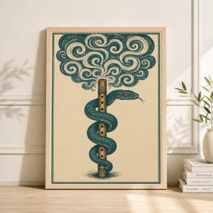 May include: A framed art print depicting a teal snake wrapped around a wooden flute. The snake's head is at the top, tongue extended. Above the flute is a cloud of swirling teal smoke. The artwork has a vintage style and is in a wooden frame.