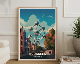 ブリュッセル・アトミウムのポスター、ベルギーの都市スカイラインアート、水彩画の旅行用装飾
