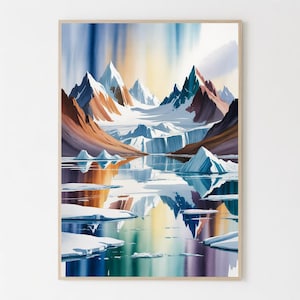 May include: Watercolor painting of a mountain landscape with snow-capped peaks, a glacial lake, and icebergs. The artwork features a palette of blues, purples, oranges, and whites, with reflections in the water. The painting is framed in a light wood.
