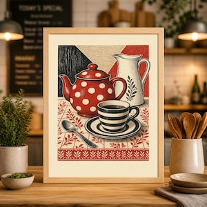 Linoleumsnitt Kaffetryck, Stilleben av röd tekanna, Retro kökskonst