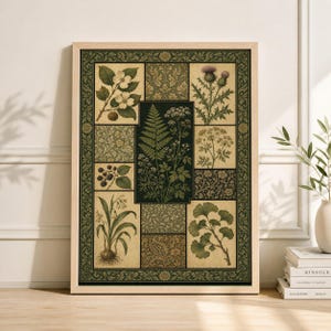 May include: A framed botanical print featuring a collage of plant illustrations. The artwork showcases various plants, including ferns, thistles, and berries, arranged in a grid pattern. The color palette consists of greens, browns, and creams, with a decorative border.