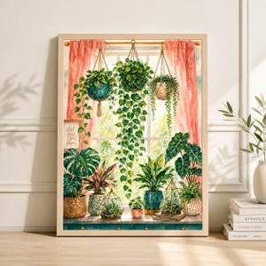 以下が含まれることがあります： 吊り下げられた植物と鉢植えの緑がある窓のシーンの水彩画。このアートワークは、木製のフレーム、サンゴ色のカーテン、そして「Let your soul bloom」というテキストが特徴です。