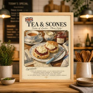 Könnte beinhalten: Ein gerahmter Druck mit einer Vintage-Illustration von Tee und Scones. Das Bild zeigt eine Teetasse, Sahne, Marmelade und Scones mit Sahne. Der Text lautet "TEA & SCONES, Tastes of London... Please Enjoy!" und listet Zutaten auf.