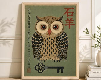 Lámina artística de búho japonés, póster estilo xilografía vintage, ilustración de aves de mediados de siglo.