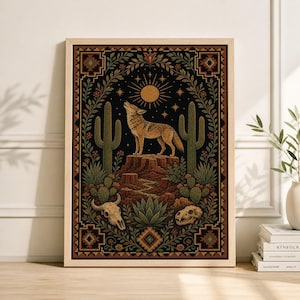 Desert Fox Art Print, Boho Southwestern Tapestry Poster, Coyote Desert Wall Decor