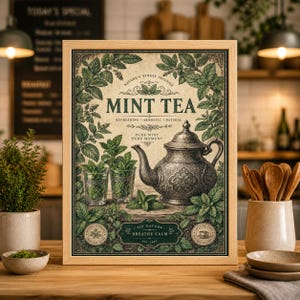 May include: A framed print featuring a vintage-style illustration of mint tea. The artwork includes a detailed silver teapot, glasses of mint, and the text "MINT TEA." Green leaves and decorative elements surround the central image, with additional text reading "Refreshing, Aromatic, Natural."