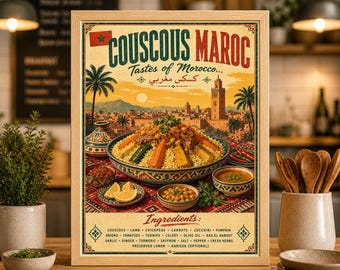 Marokkanischer Couscous Food Poster, Vintage Küchenkunstdruck, Marokkoreise, Wanddeko