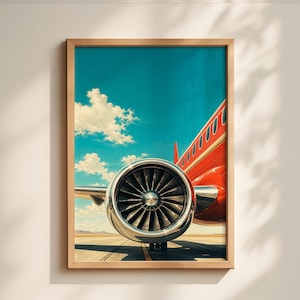 Könnte beinhalten: Gerahmter Druck eines roten Flugzeugs mit glänzendem silbernen Triebwerk vor blauem Himmel mit Wolken. Das Flugzeug steht auf einer Landebahn.