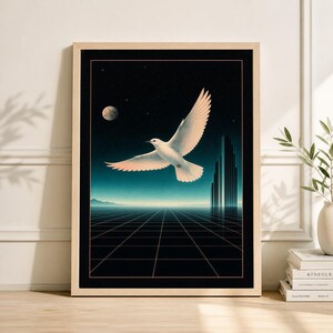 Retro Seagull Poster, Futuristic Grid Ocean Art Print, Modern Synthwave Wall Decor
