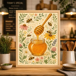 Pode incluir: Ilustração emoldurada de um pote de mel sendo preenchido por um mergulhador de madeira. Abelhas e flores cercam o pote, em um fundo bege claro. A obra de arte tem uma sensação rústica e vintage.